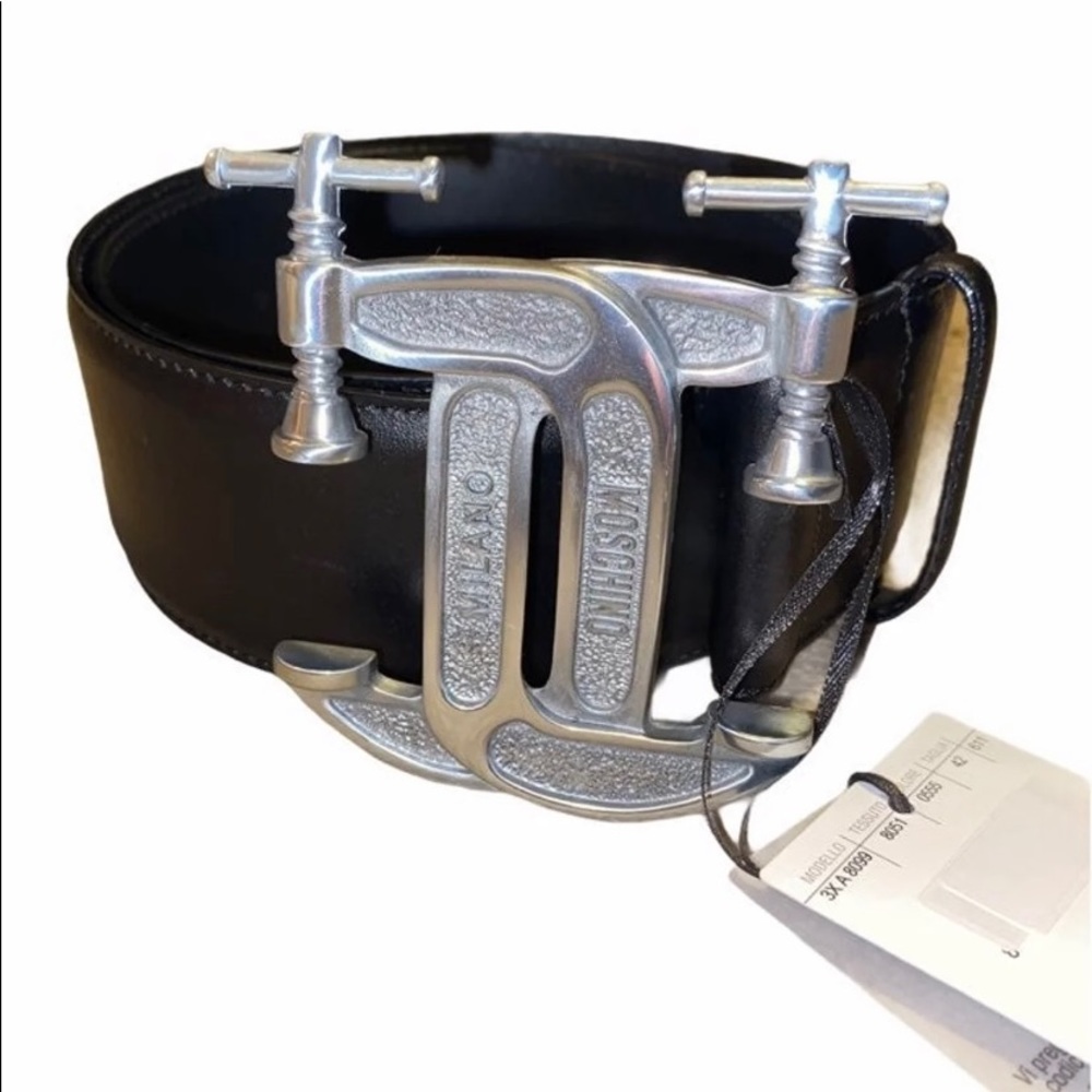 NWOT Moschino Black & Silver C Clamp Leather Belt Size 42